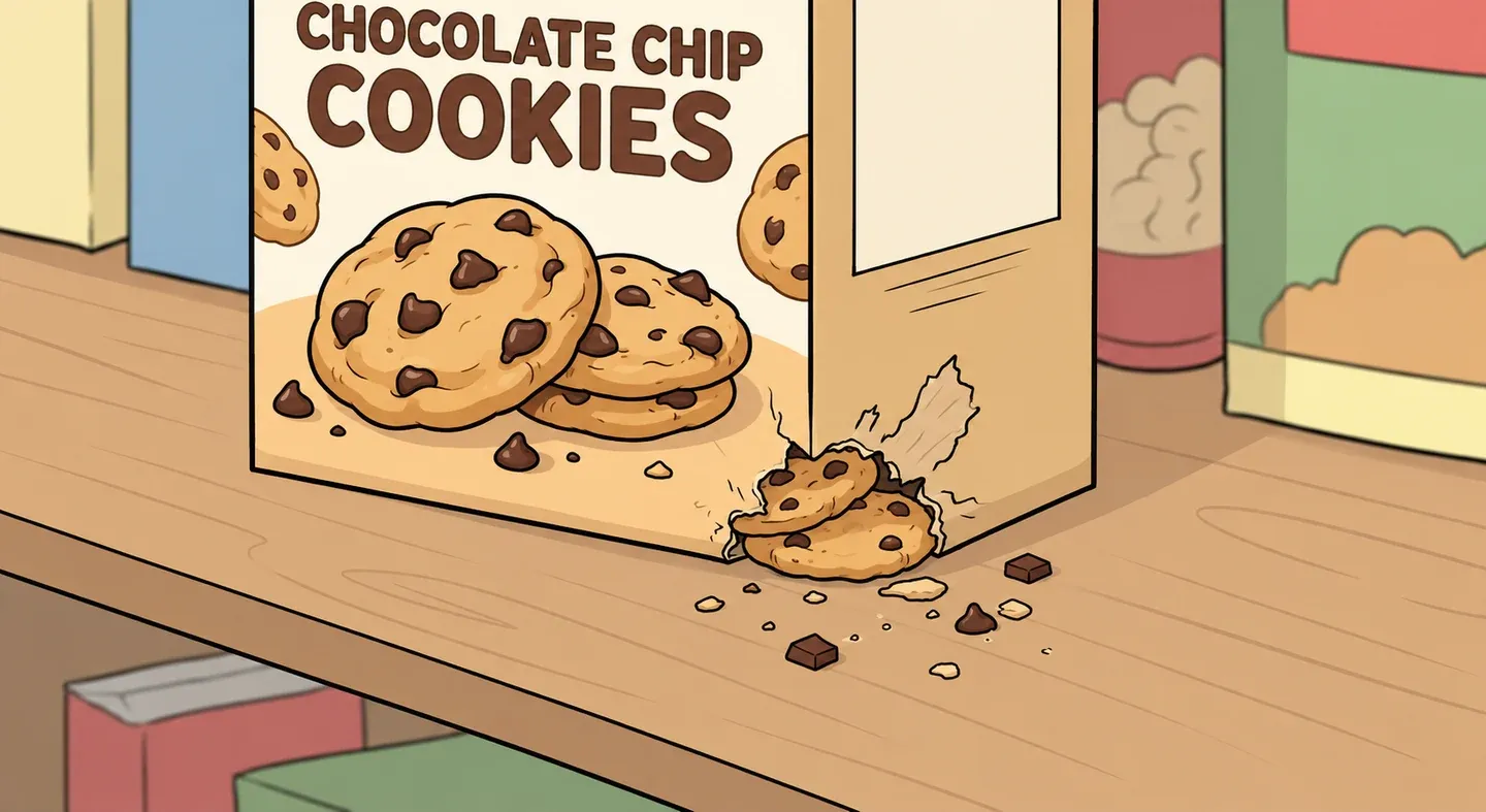 Illustration of a damaged chocolate-chip cookie package and crumbs on a pantry shelf