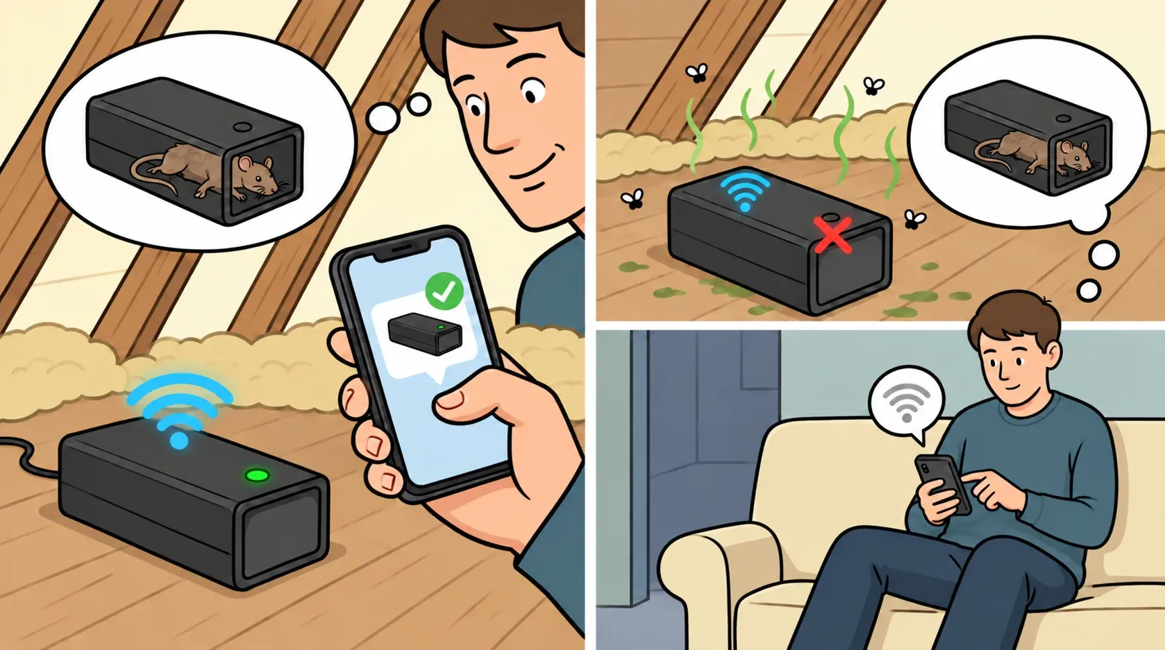 Conceptual illustration of a connected trap alert and a second trap without a network signal