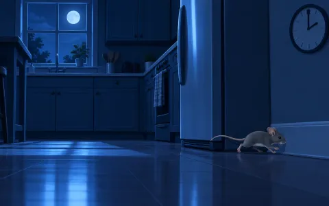 Illustration: dark kitchen at night seen from floor level, moonlight through the window, a small gray mouse running along the baseboard past the fridge, a wall clock showing 2 a.m.