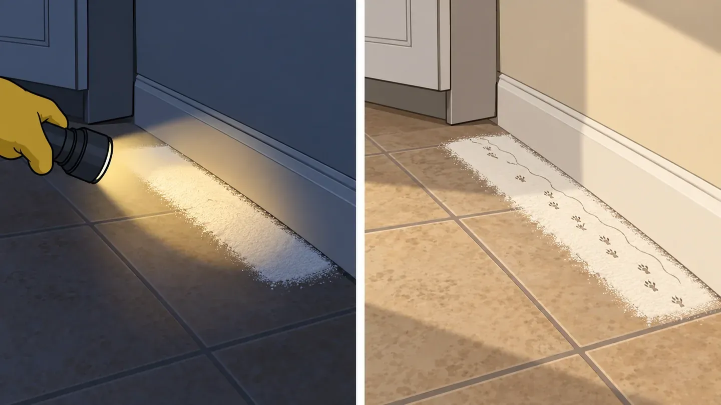 Two panels: at night, a gloved hand shines a flashlight on a thin smooth patch of flour along a kitchen baseboard; the next morning, the same patch shows a line of tiny rodent footprints and a thin tail drag