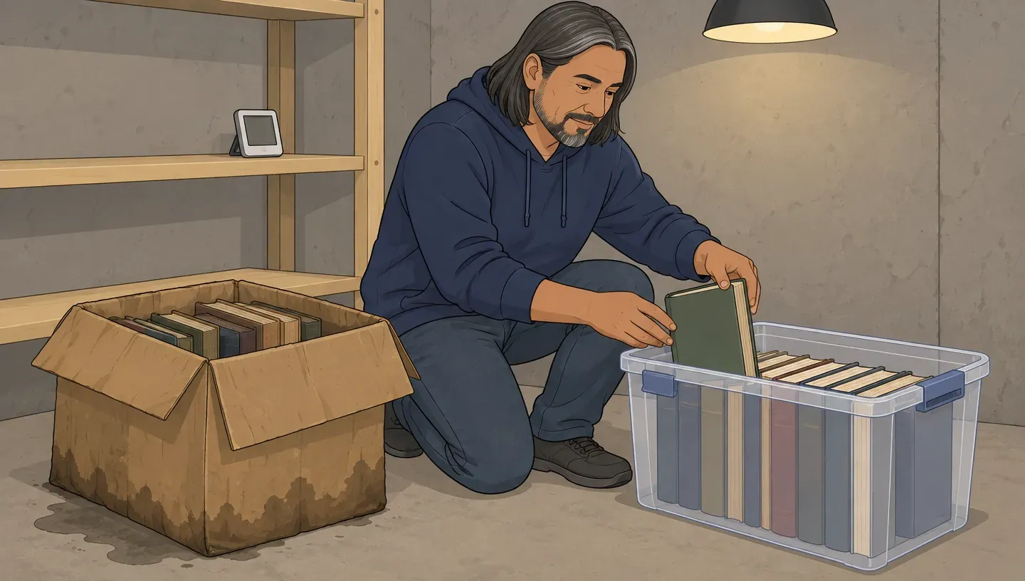In a basement, a man in a navy hoodie moves old books from a damp cardboard box into a clear latching plastic bin, a small humidity gauge on the shelf behind him
