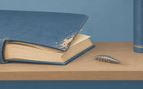 Illustration: old hardcover book lying open on a shelf with a scraped, grazed patch on its cloth cover and a silvery silverfish beside it.