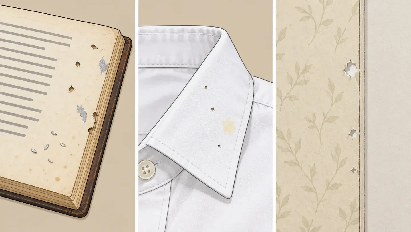 Three panels: a book page with irregular grazed holes and a notched edge, a white cotton shirt collar with tiny holes and a yellowish stain, and a strip of wallpaper with ragged holes near the seam