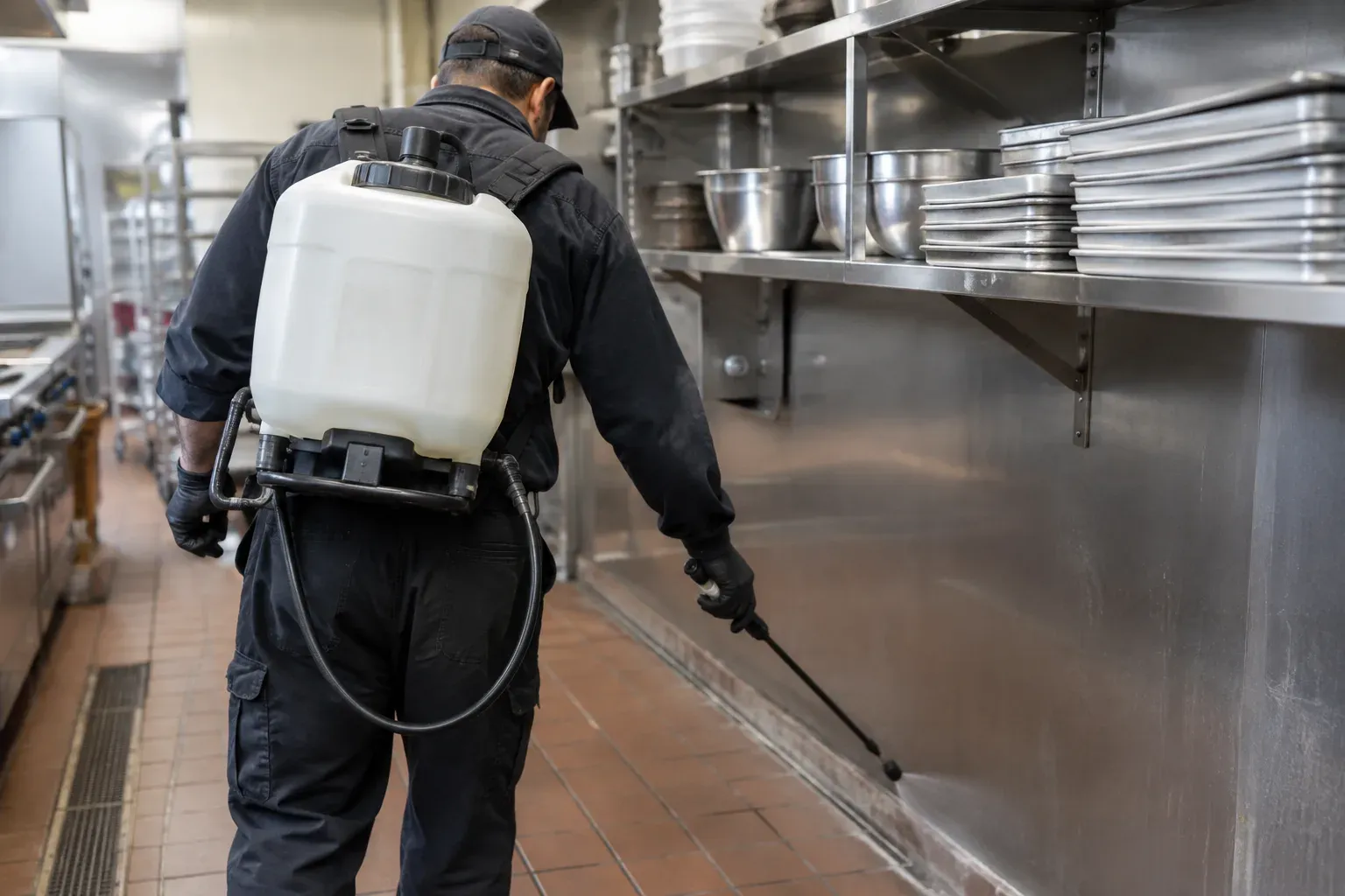 Seen from behind, a pest control worker with a backpack sprayer spraying along the base of a commercial kitchen wall