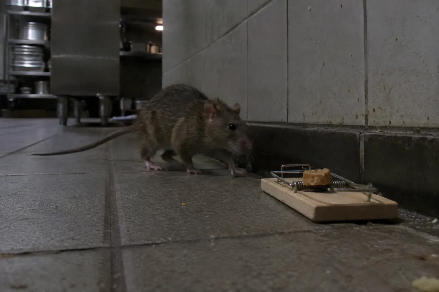 A brown rat walking along the base of a kitchen wall and stepping around a baited wooden snap trap