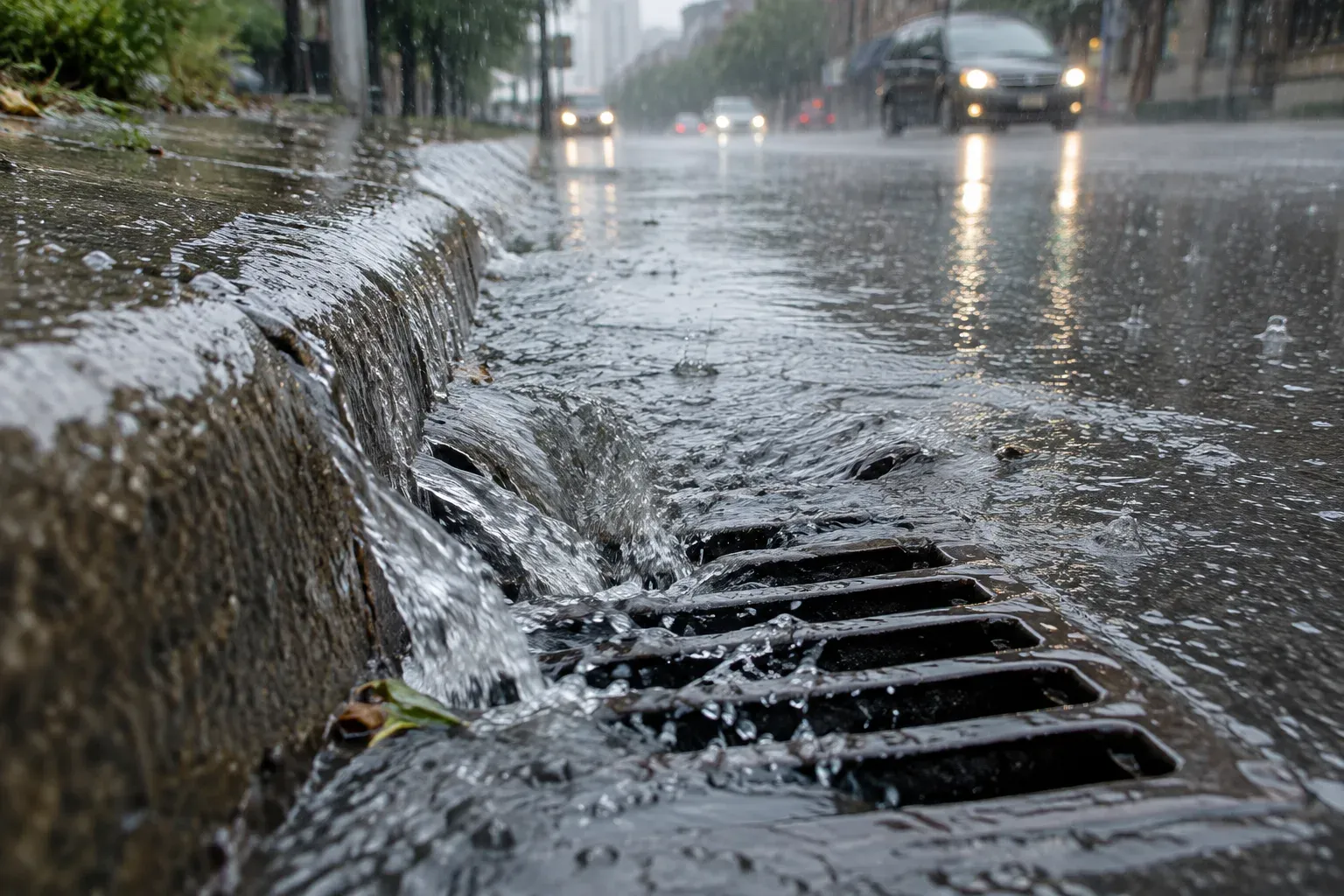 Rainwater rushing along a city curb into a storm drain during heavy rain