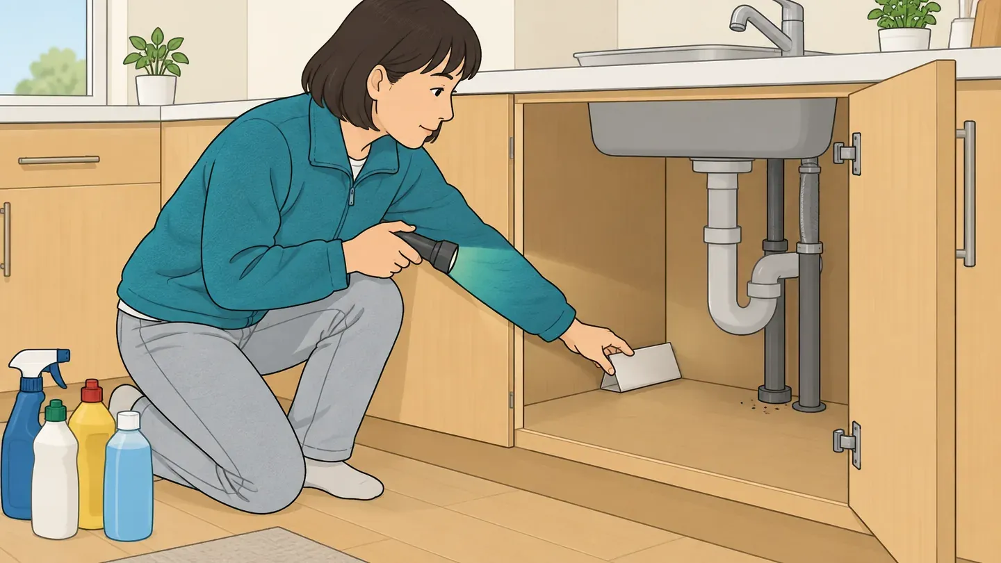 A woman with a long braid and a cream sweater places a sticky trap in the back corner of an under-sink cabinet, flashlight in hand