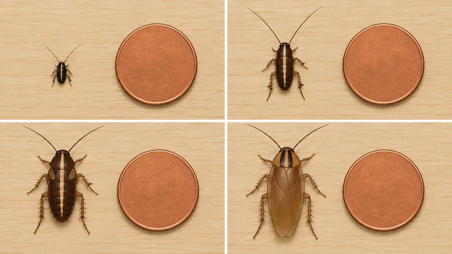 Four panels on a plain surface beside the same unmarked coin: a newly hatched German cockroach nymph, a mid-stage nymph, a late-stage nymph and a winged adult, drawn to scale