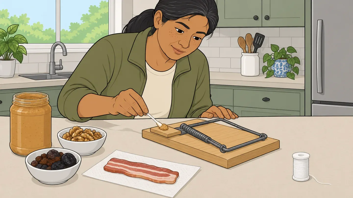 A woman in an olive jacket presses a pea-sized dab of peanut butter onto the pedal of a rat snap trap, with nuts, raisins and bacon beside it