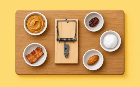 Illustration: top-down flat lay on a wooden board: a rat snap trap in the center surrounded by small bowls of bait options: peanut butter, a dried fruit piece, a bacon bit, a nut, a cotton ball.