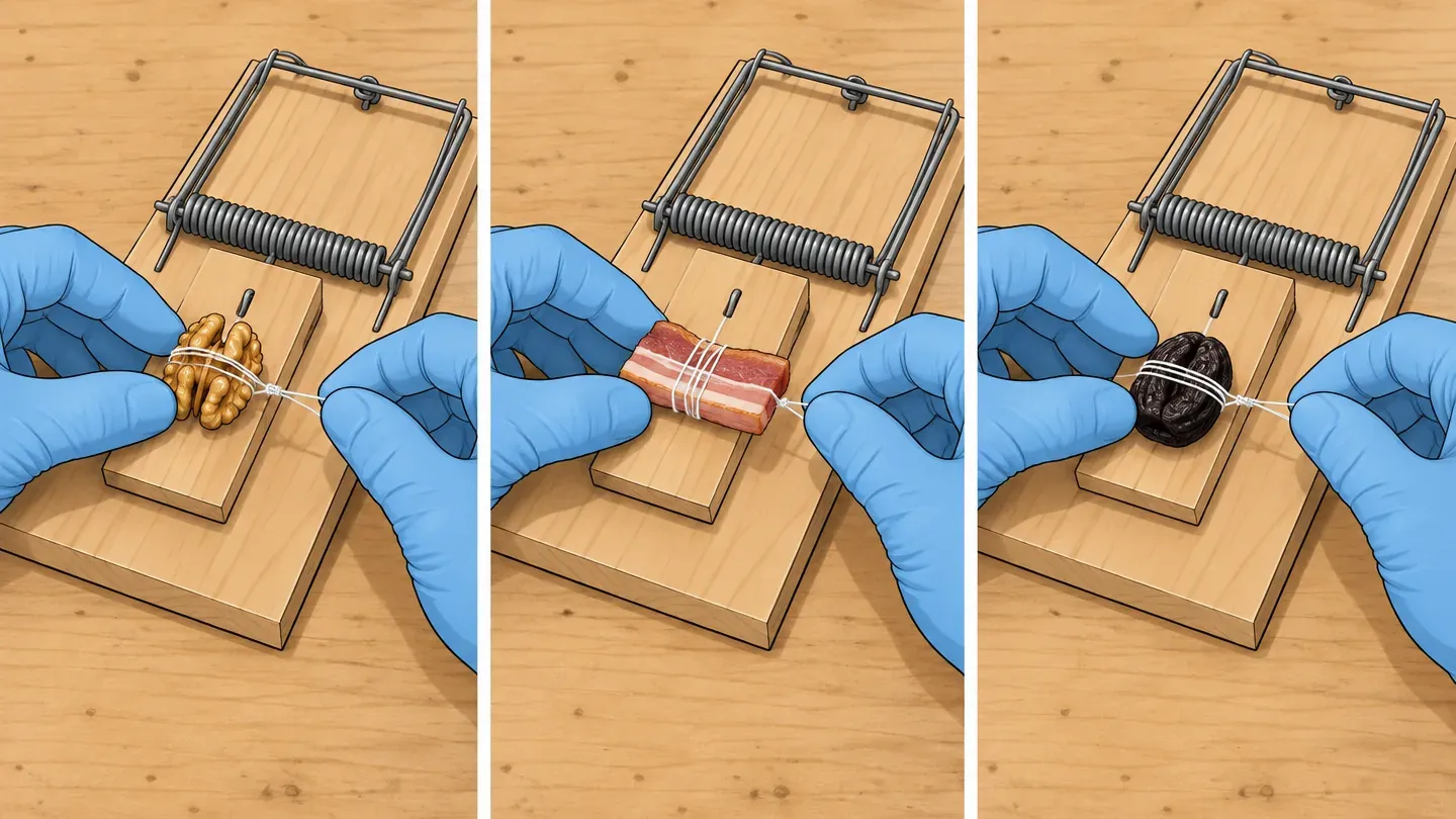 Three panels of gloved hands tying a walnut half, a strip of bacon and a prune to rat trap triggers with thread