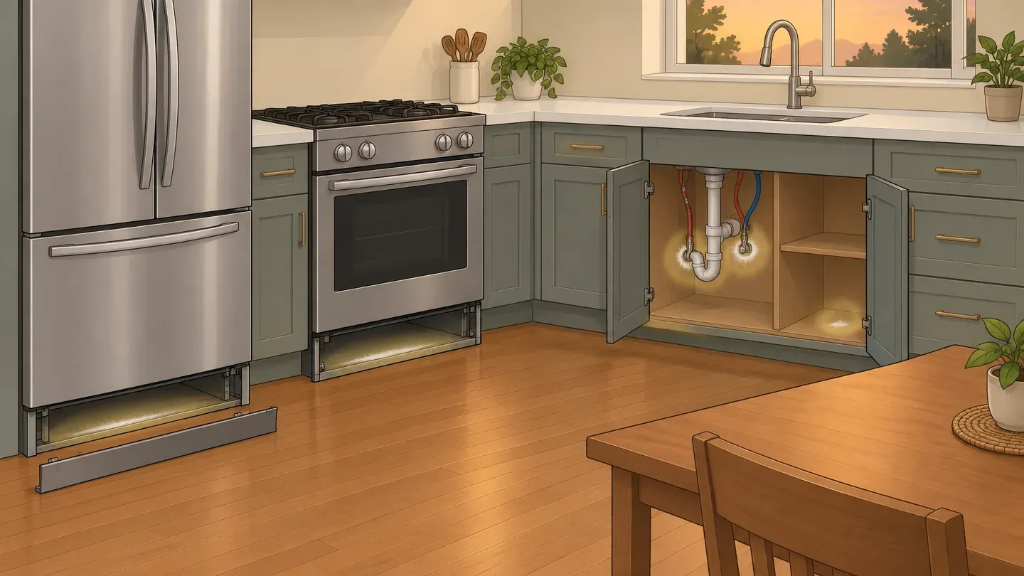 A kitchen cutaway showing faint boric acid dust under the fridge and stove kick panels, around the sink pipes and in cabinet corners, with open countertops left clean