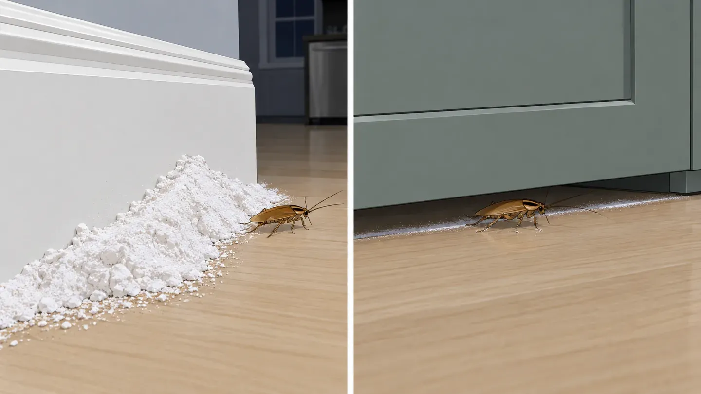 Two panels: a thick white pile of powder by a baseboard with a roach walking around it, and a barely visible dusting in a cabinet crack with a roach walking through it