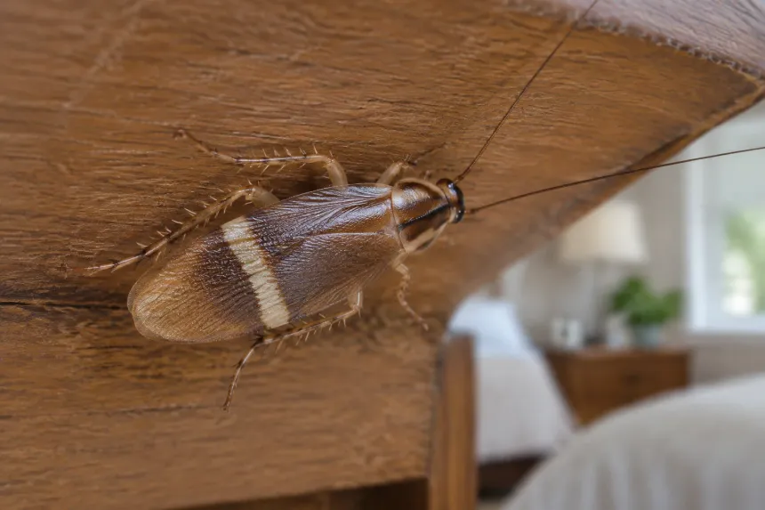 A small light brown brown-banded cockroach with two pale bands across its wings on the underside of a wooden bedroom nightstand