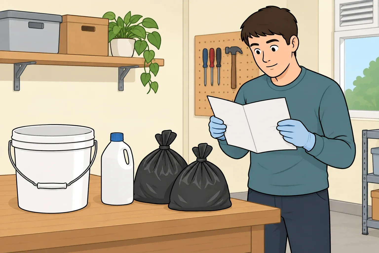 A homeowner wearing protective gloves preparing to follow cleanup instructions beside a closed bucket-trap lid