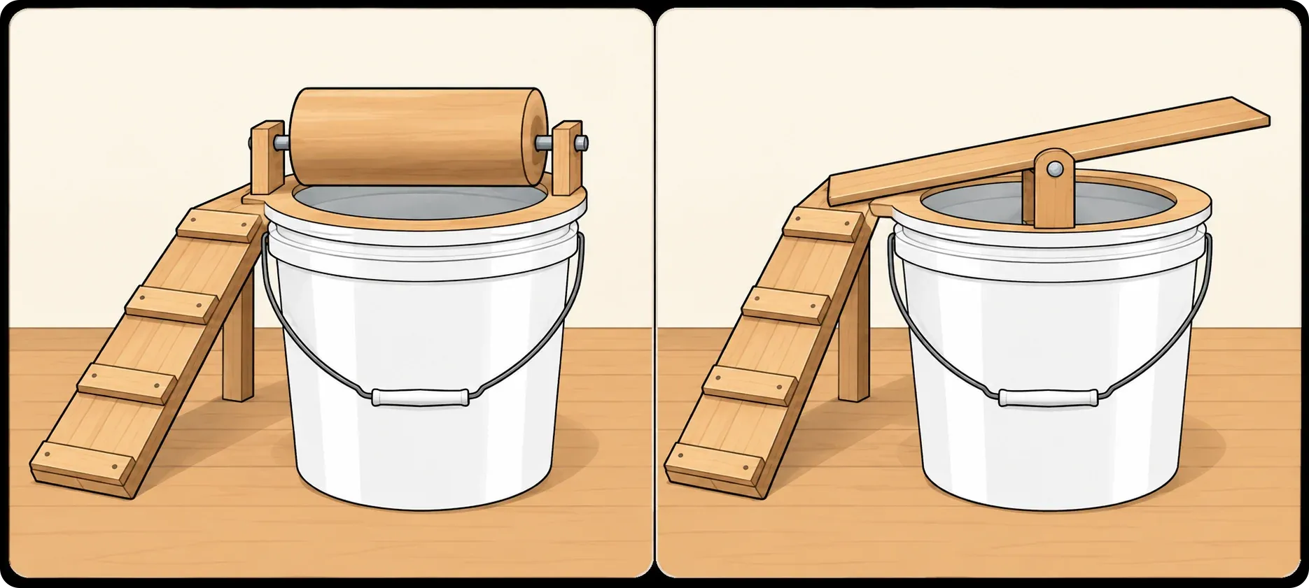 Illustration comparing two complete bucket traps: one with a rotating drum and one with a pivoting plank