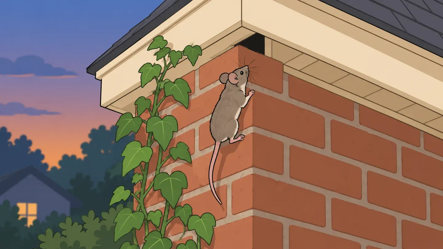 A house mouse climbing the rough corner of a brick wall toward a gap under the eaves