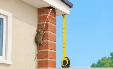 Illustration: side-view illustration of a brick and stucco house wall with a mouse climbing the rough brick corner, dotted arrow path up to a small gap under the eave, a tape measure showing the height.