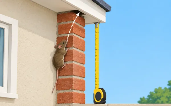 Illustration: side-view illustration of a brick and stucco house wall with a mouse climbing the rough brick corner, dotted arrow path up to a small gap under the eave, a tape measure showing the height.