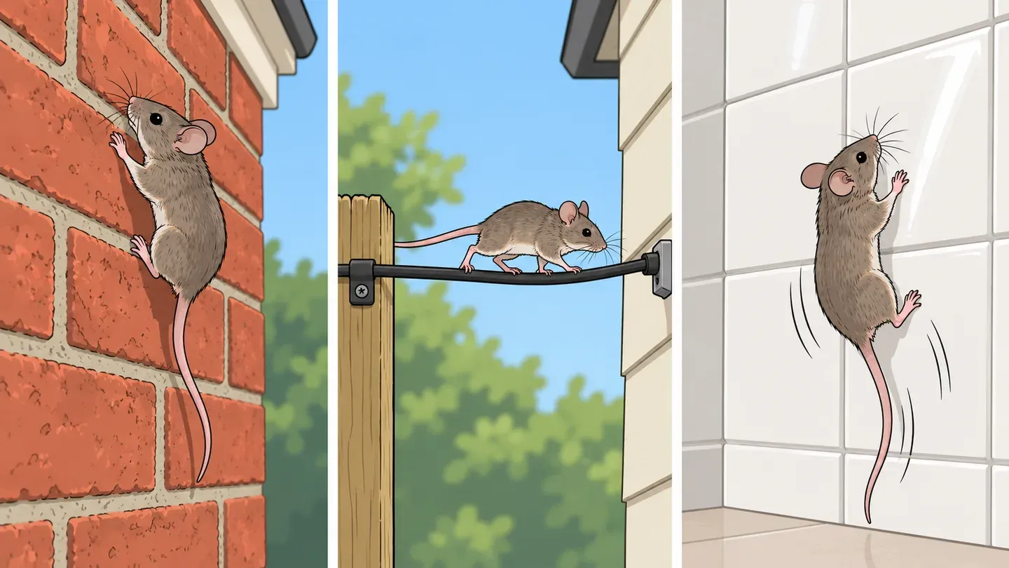 Three panels showing a mouse gripping a brick wall, running along a utility cable, and slipping on a glossy tiled surface