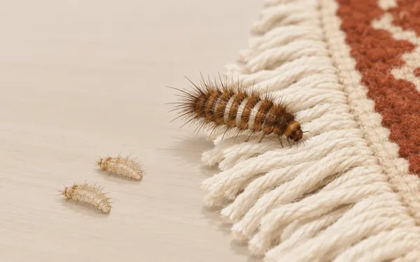 Illustration: close-up of a fuzzy, brown, bristly carpet beetle larva crawling along the edge of a wool rug fringe, with two tiny shed larval skins nearby.