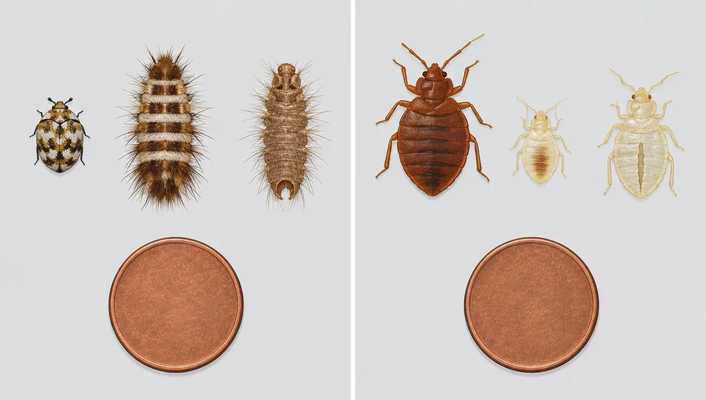Carpet bugs vs bed bugs to scale: the adult, young and shed skin of each