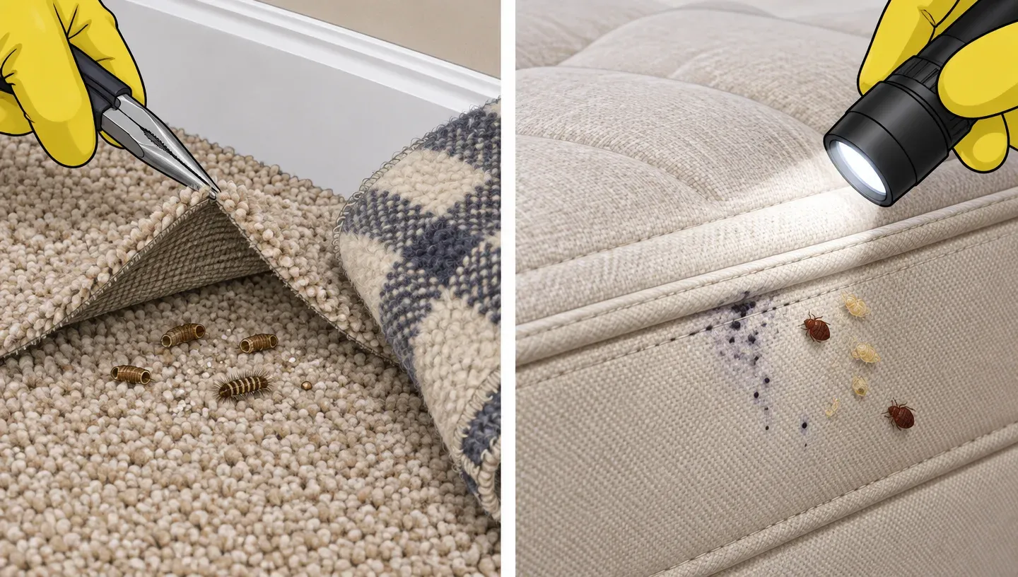 Gloved hands lift a carpet edge showing shed skins; a flashlight shows dark spots along a mattress seam