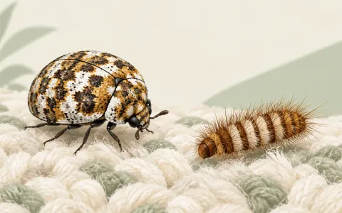 Illustration: accurate close-up of a round varied carpet beetle (mottled white, brown and yellow scales) and its fuzzy banded larva on wool rug fibers.