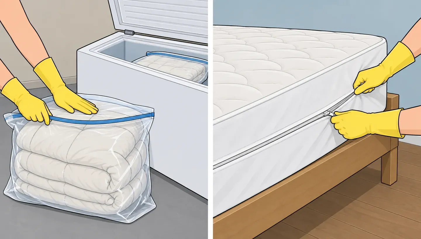 Two panels: gloved hands seal a down comforter in a plastic bag and set it in a chest freezer; gloved hands run a vacuum crevice tool along a mattress seam