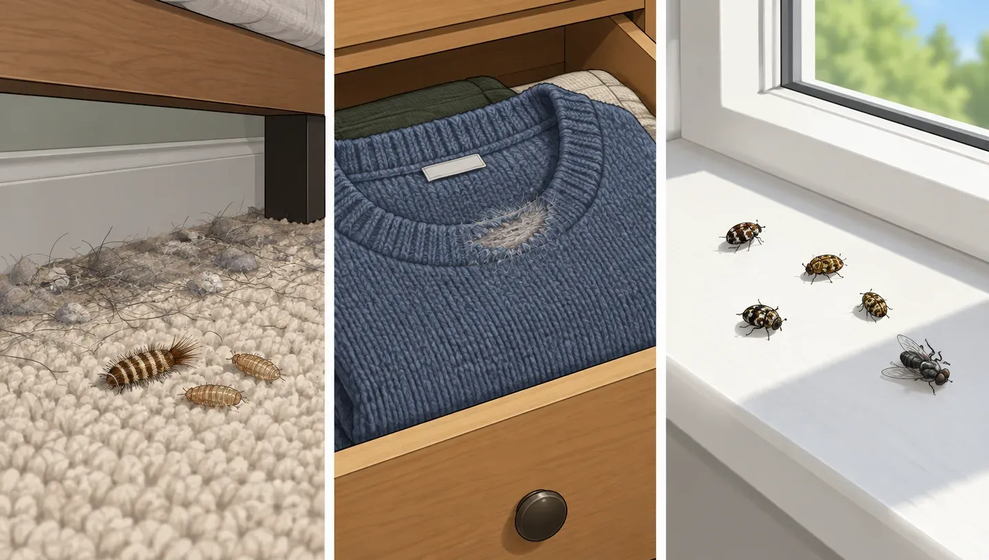 Three panels: lint along a baseboard under a bed with a fuzzy larva and shed skins; a wool sweater in a drawer with a grazed patch; small round beetles on a sunny windowsill