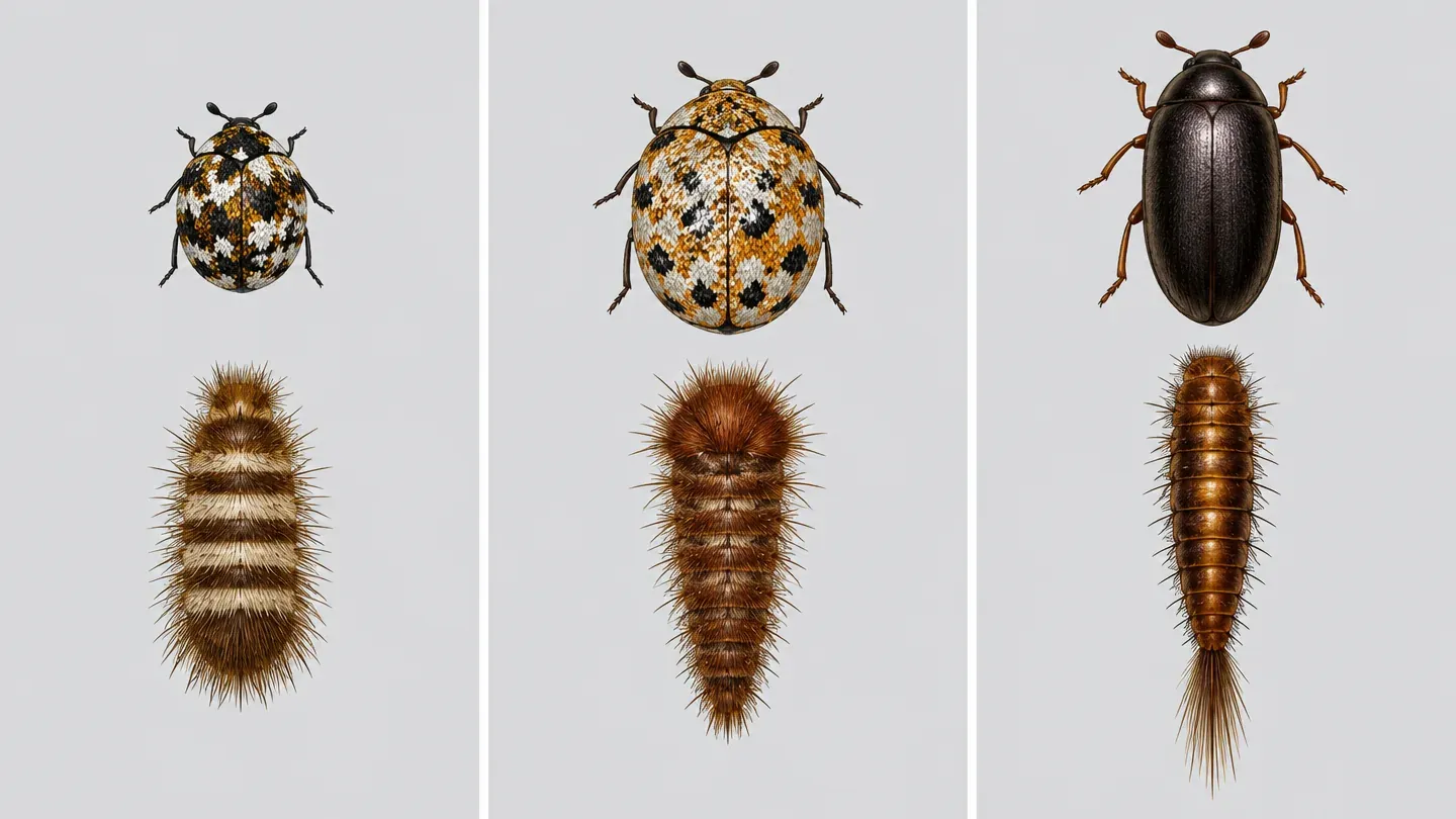 Three species side by side: the varied, furniture and black carpet beetle, each adult shown above its larva
