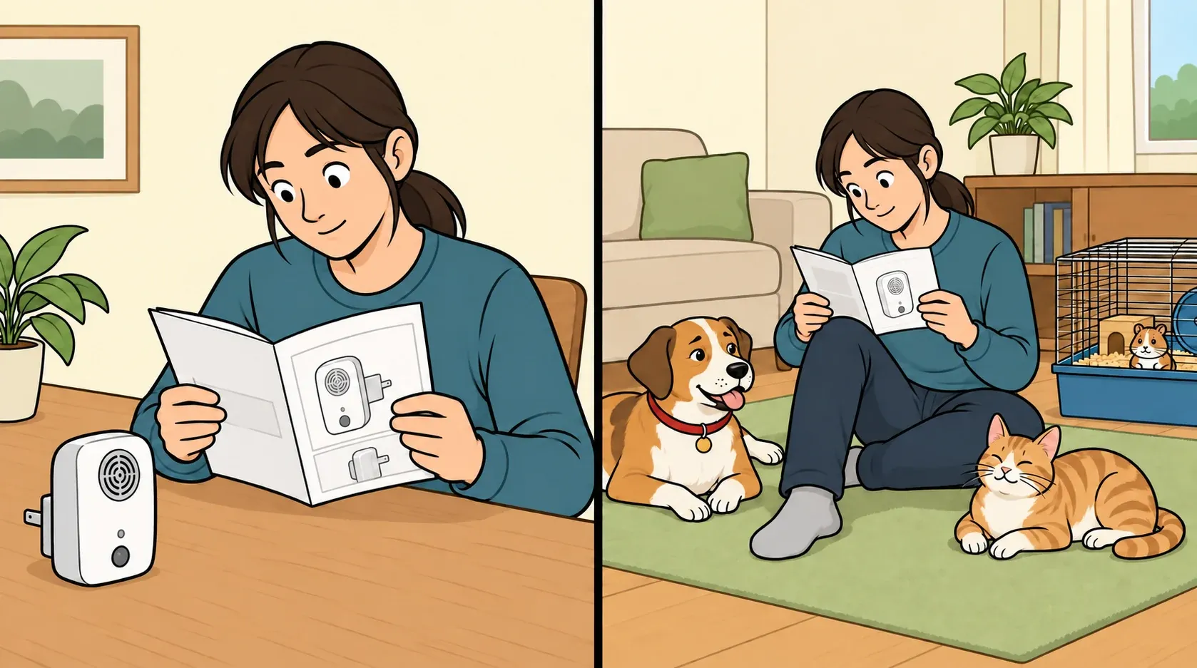 An adult woman reads an ultrasonic device manual beside calm pets at home