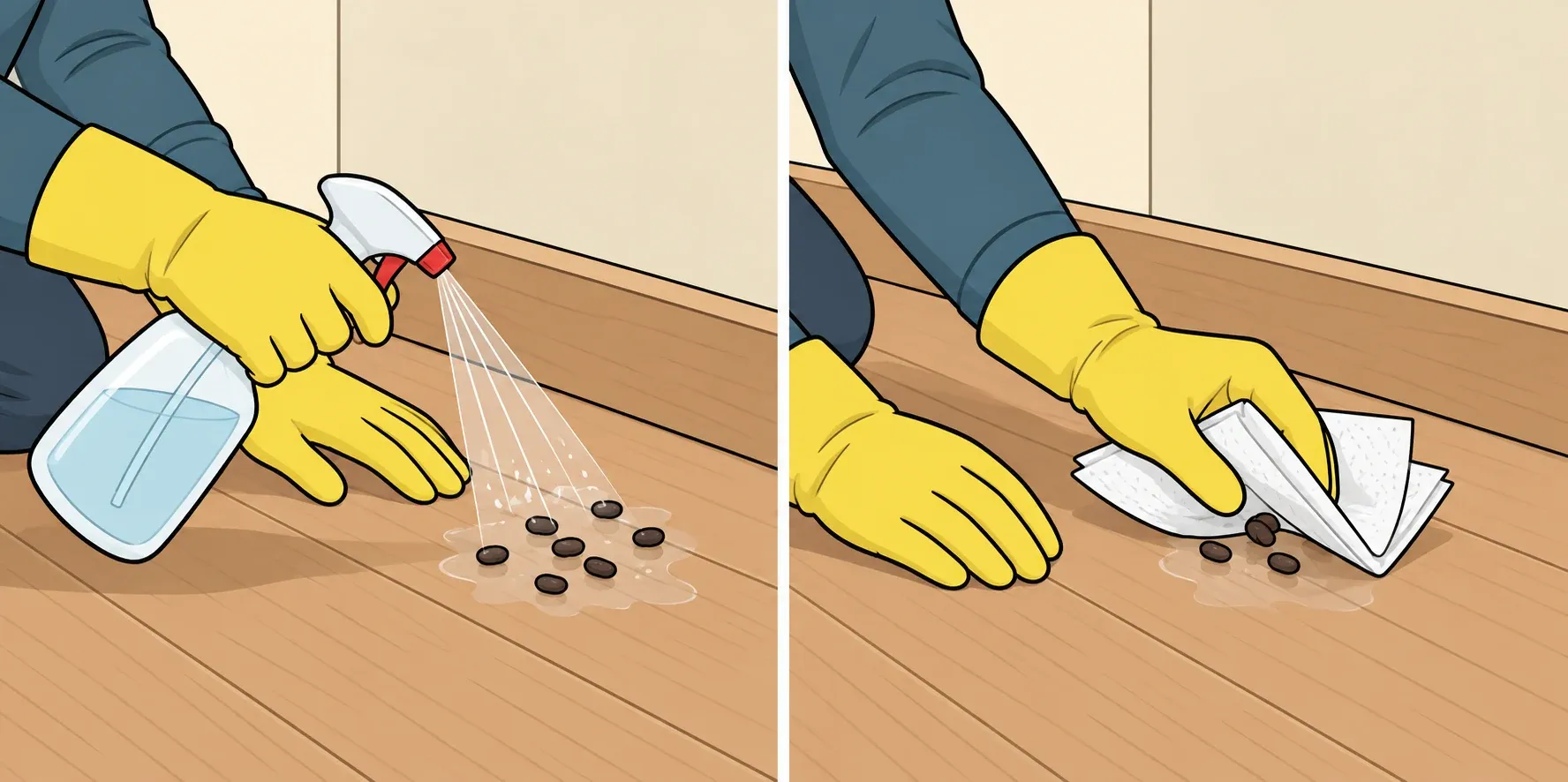Gloved hands spray droppings with disinfectant until wet, then wipe them up with paper towels