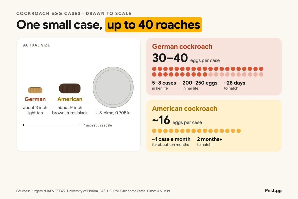 Infographic, drawn to scale beside a dime: a German cockroach egg case is about ¼ inch and light tan, holds 30 to 40 eggs, and a female makes 5 to 8 cases and 200 to 250 eggs in her life, hatching in about 28 days; an American cockroach egg case is about ⅜ inch, brown turning black, holds about 16 eggs, about one case a month for ten months, hatching in two months or more