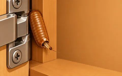 Illustration: accurate close-up of a tan purse-shaped cockroach egg capsule (ootheca) with ridged segments, wedged in the corner of a cabinet hinge, a tiny nymph hatching nearby.