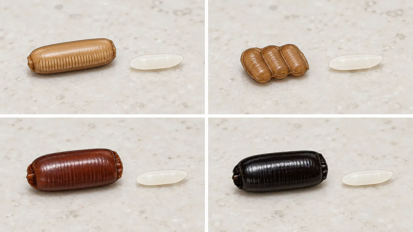 Four roach egg cases side by side on a pale countertop with a grain of rice for scale: a light tan segmented case, a small light brown case, a dark reddish-brown case and a nearly black case