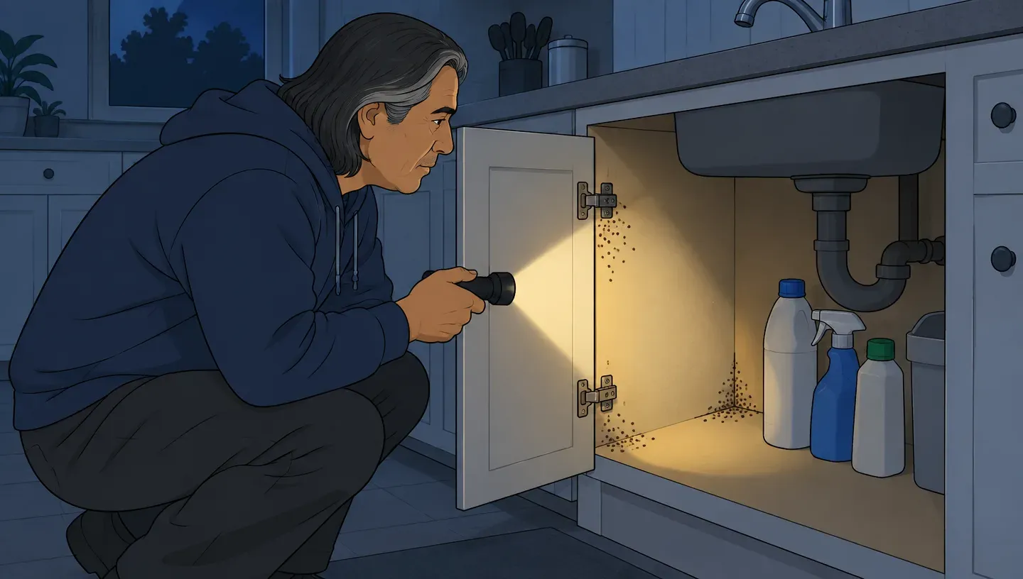 A man in a navy hoodie crouches at an open kitchen cabinet with a flashlight, looking at dark specks clustered around the hinge