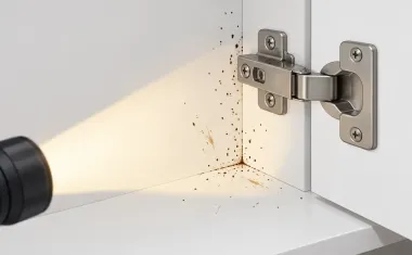 Illustration: close-up of the inside corner of a kitchen cabinet hinge with tiny dark pepper-like specks and small smear marks on white laminate, a flashlight beam crossing the frame.