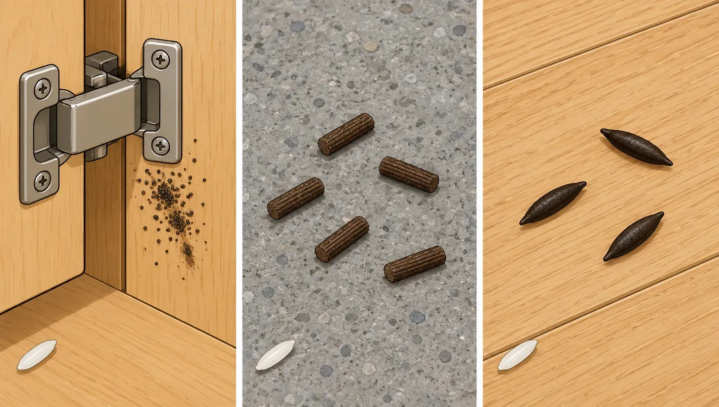 Three panels: tiny pepper-like specks around a cabinet hinge, larger ridged pellets with flat ends on a basement floor, and a mouse dropping with pointed ends