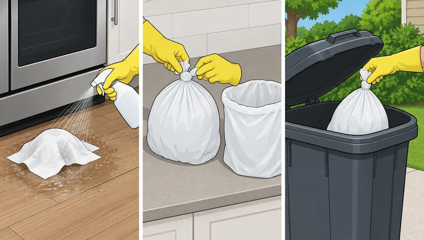 Three panels: a gloved hand spraying a paper towel draped over a small lump behind a stove, gloved hands knotting an opaque plastic bag, and the bag dropped into an outdoor trash can with a lid