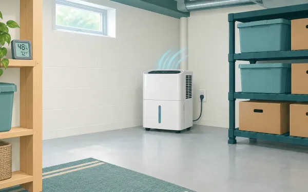 Illustration: tidy finished basement with a compact dehumidifier running in the corner, a small digital hygrometer on a shelf, and stored boxes raised on a plastic rack.