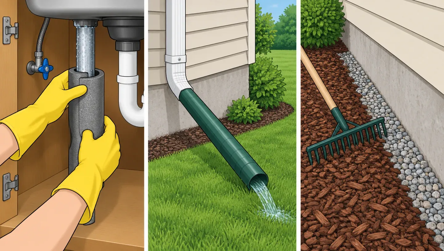 Three panels: gloved hands wrapping insulation around a sweating pipe under a sink, a downspout extension carrying water away from a house, and mulch raked back from a foundation
