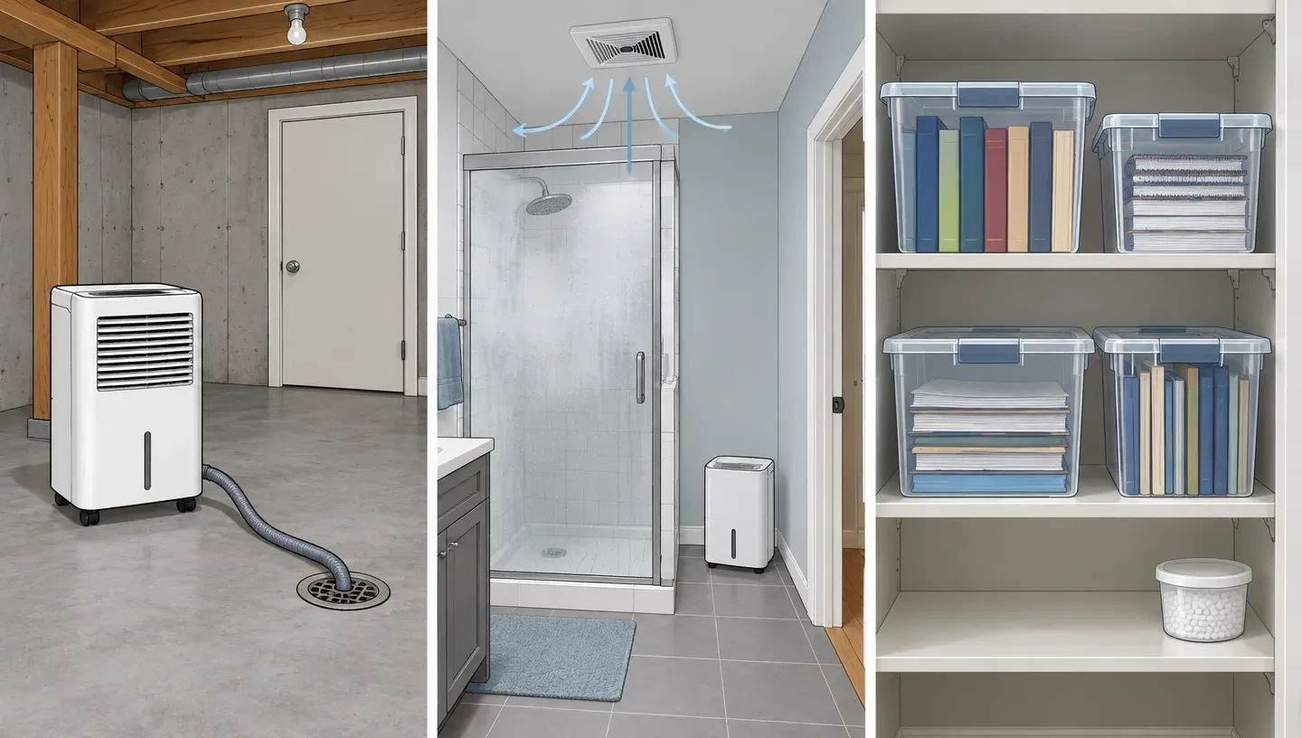 Three panels: a dehumidifier in a basement with a hose to the floor drain, a bathroom exhaust fan running above a shower, and a closet shelf with boxes in sealed plastic bins