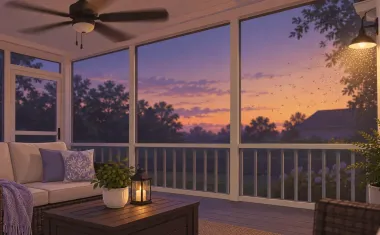 Illustration: screened back porch at dusk with a ceiling fan turning, citronella-free and quiet, a faint cloud of tiny gnats near the porch light outside the screen.
