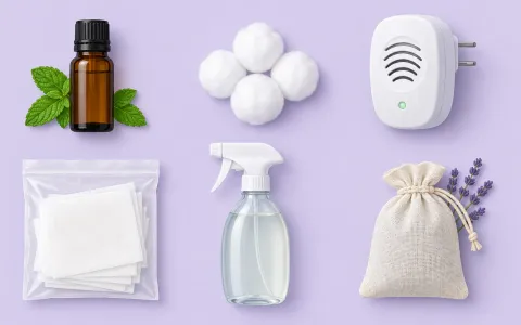 Illustration: top-down flat lay of common mouse repellents in a neat grid on a pale table: peppermint oil bottle, cotton balls, a plug-in ultrasonic device, a pouch of dryer sheets, a spray bottle, a sachet.