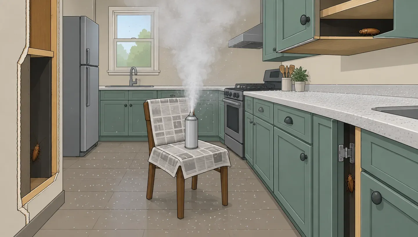 A kitchen cutaway where fog from a canister settles on the floor and counters while cockroaches stay untouched inside a cabinet hinge gap and a wall void