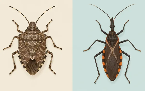 Illustration: two halves side by side on plain backgrounds: left, a brown marmorated stink bug with its broad shield-shaped body and banded antennae; right, a kissing bug with a long narrow cone-shaped head and orange-striped abdomen edges.
