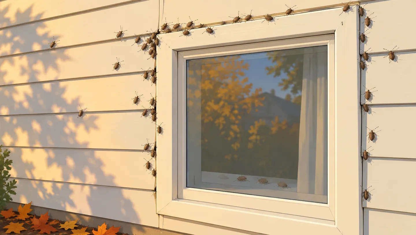 Dozens of brown stink bugs gathered on the sunny side of a house around a window frame, with a few more on the inside window sill