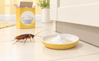 Illustration: small saucer with a white powder and sugar mix on a kitchen floor beside the base of a cabinet, a cockroach approaching, an open box of baking soda blurred behind.