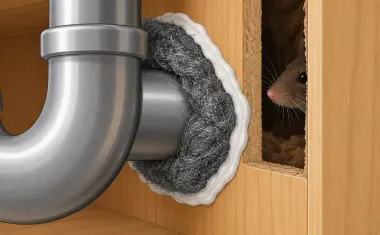 Illustration: close-up of a gap around a pipe under a sink packed with steel wool and sealed with a bead of caulk, a mouse nose sniffing at the edge from inside the wall.